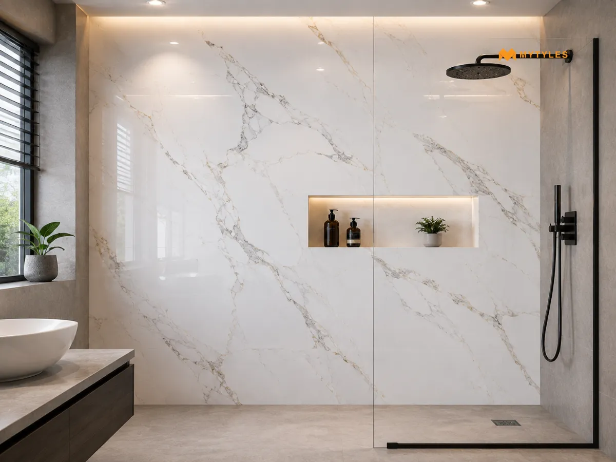 Statuario Tiles for a Full-Height Shower Wall